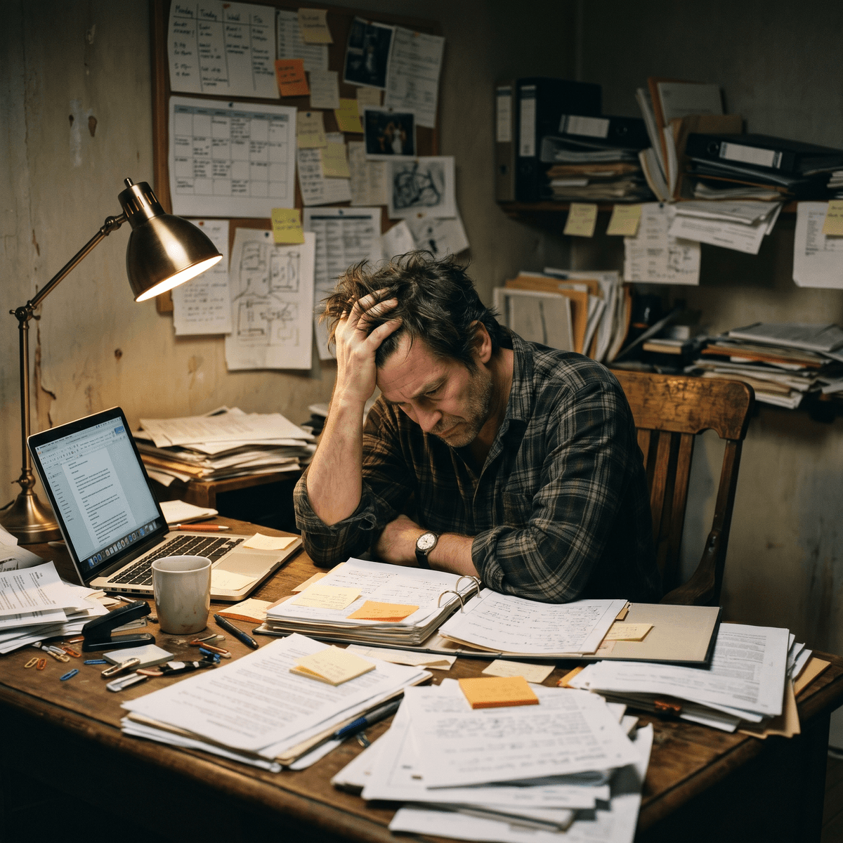 Overwhelmed small business owner buried in paperwork at a cluttered desk