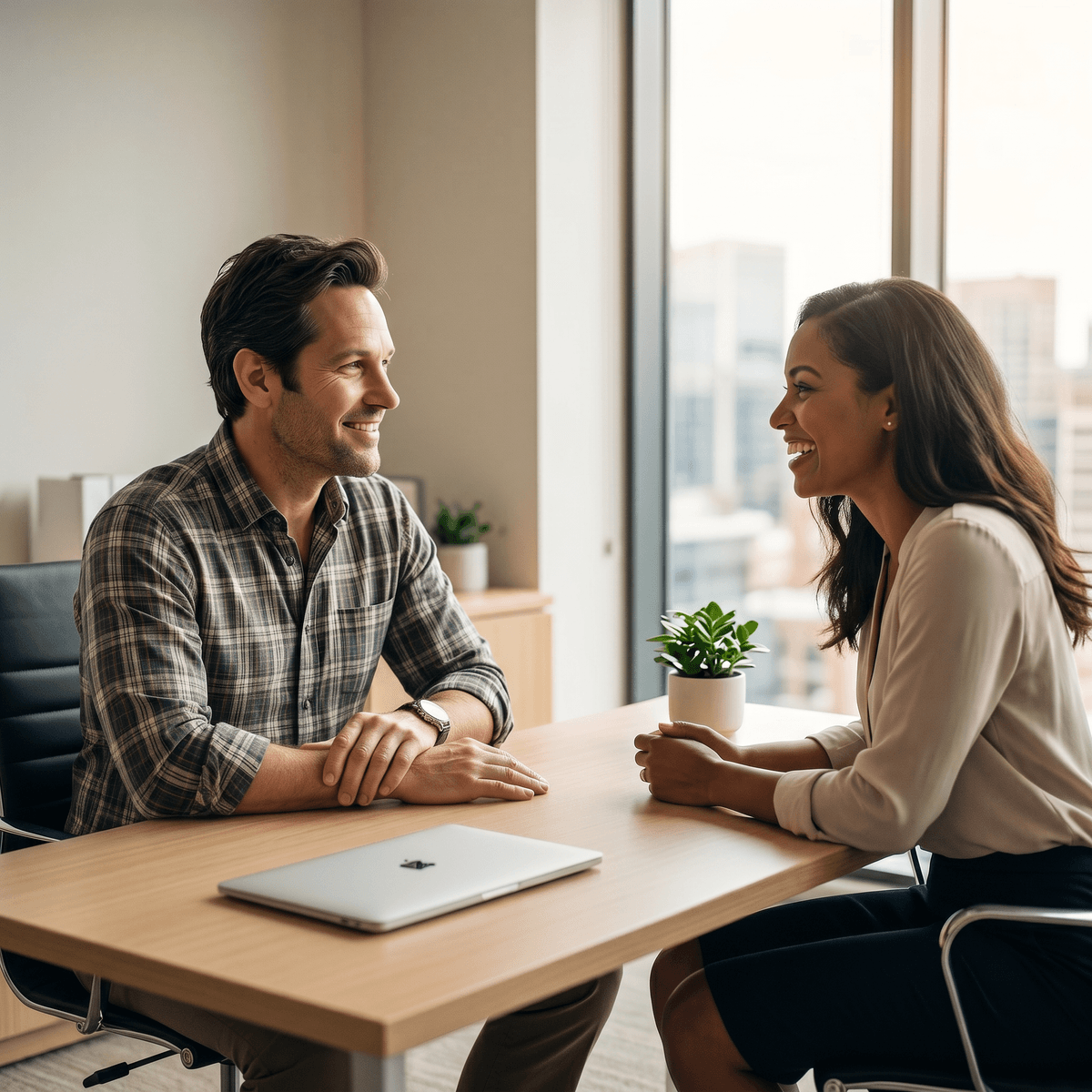 Relaxed small business owner meeting with a Bild consultant in a bright, modern office